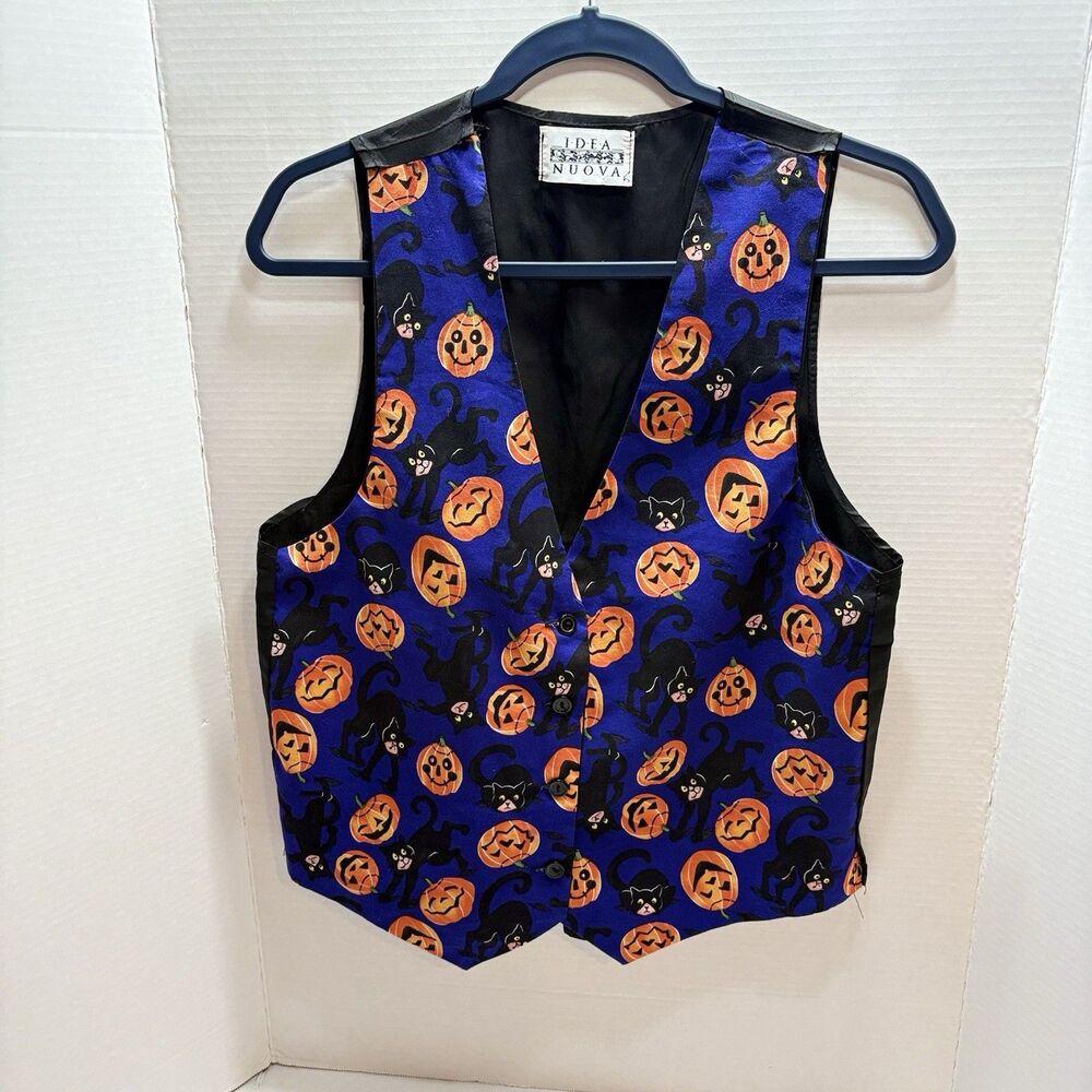 VTG 90s Idea Nuova Halloween Vest Blue Black Cats Pumpkins Novelty M/L Goth Cute